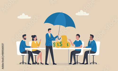 Income protection,meeting protect investment profit, wealth preservation or insurance, risk management concept, businessman hand offer umbrella to protect dollar sign money.
