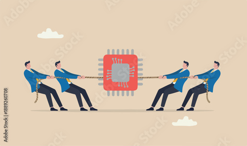 Semiconductor and computer chip shortage Coronavirus COVID-19 pandemic, manufacturing meeting problem concept, businessman fighting to get computer chip