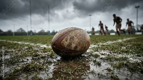 Rugby ball on muddy field during a rainy match with players in the background