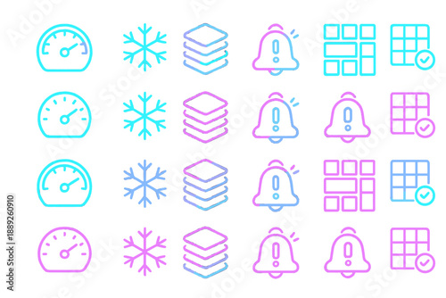 Icons representing different concepts such as speed, temperature, and alerts with a colorful design