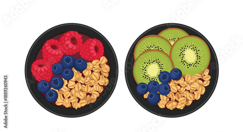 Top view of two healthy breakfast bowls: one with raspberries, blueberries, and granola, the other with kiwi slices, blueberries, and granola, perfect for a ...