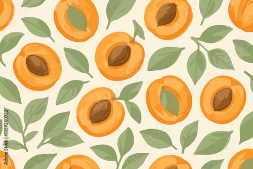 Detailed design of apricots with green leaves on a light background in a repeated pattern created by a skilled artist