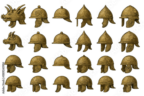 Collection of various helmet designs from different cultures and time periods displayed in a grid format