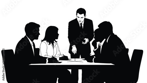 Business team members gather around a conference table listening intently to the standing presenter