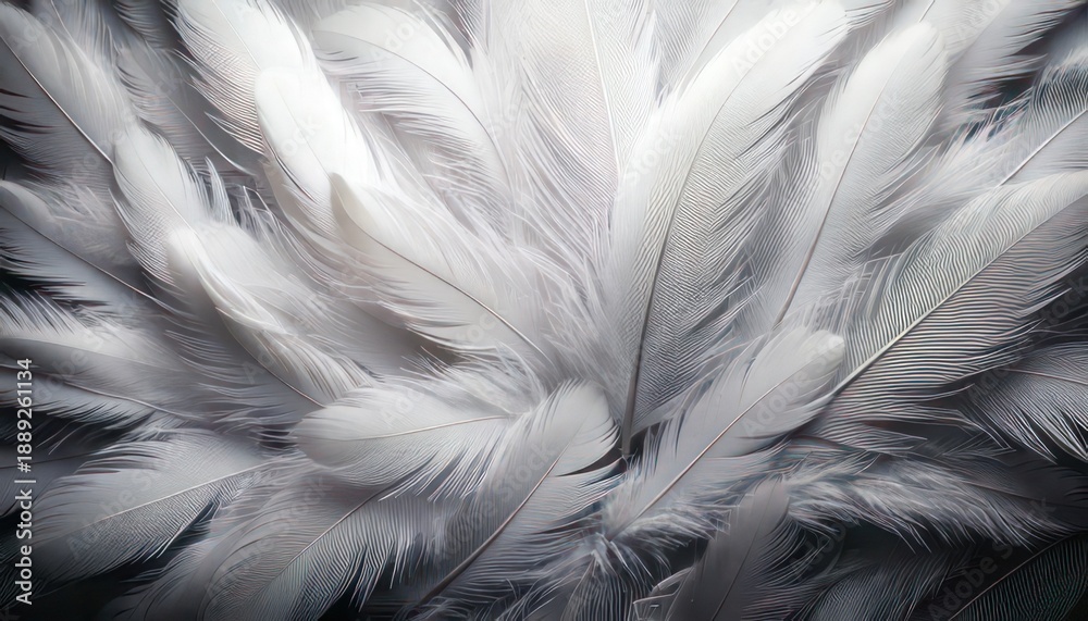 Fototapeta premium Elegant white feathers creating a soft and textured background, dreamy and ethereal.