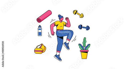 Energetic woman performing high knee exercise surrounded by vibrant colorful workout equipment illustration