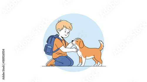 Kind young boy with a blue backpack kneels down to gently pet a friendly beagle dog inside a light blue circular background.