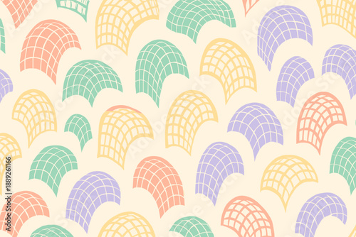 Pattern of colorful overlapping shapes fills the space with curves and lines in a soft color scheme on a light background
