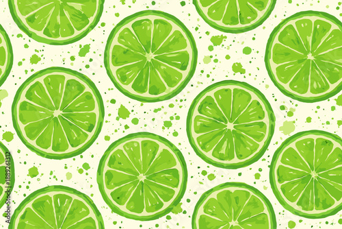 Bright green lime slices arranged on a light background with splashes of green color for a fresh and vibrant design