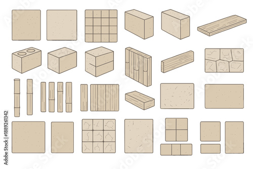 Different types of blocks and shapes displayed on a white background in a simple layout for design purposes