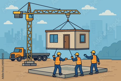 Construction workers lift a building section with a crane in a city setting during the daytime in a clear weather scene