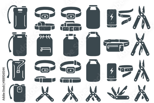 Many tools and containers are displayed on a white background organized in a grid format showcasing gear for various activities