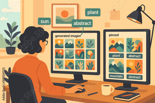 Person works at a desk with two computer screens showing generated images of nature and plants during daytime at home