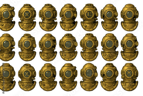 Collection of old diving helmets on a white background showing different designs and styles for underwater exploration
