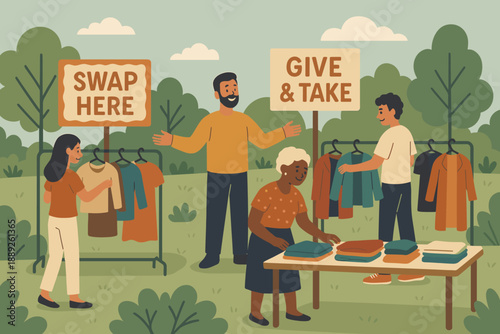 People exchange clothes at a community swap event in a park on a sunny day