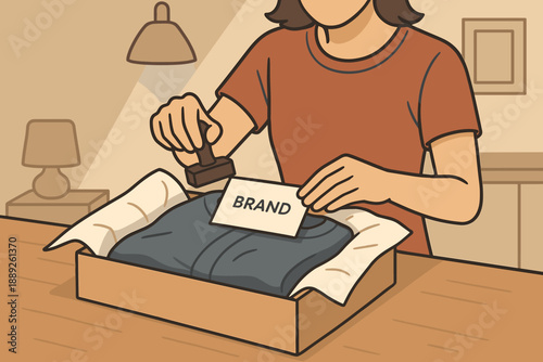 Person stamps brand label on clothing inside a cardboard box on a wooden table in a well-lit room with a lamp