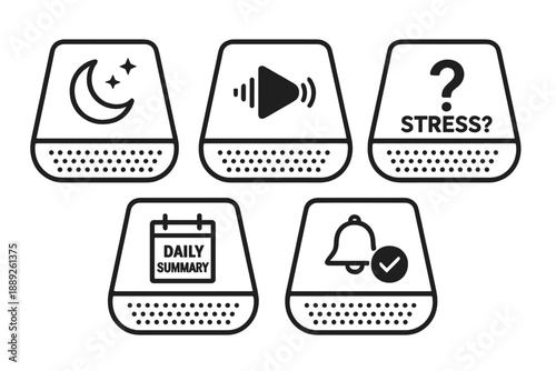 Five simple icons showing different functions related to wellness and notifications in a digital format designed for health and lifestyle