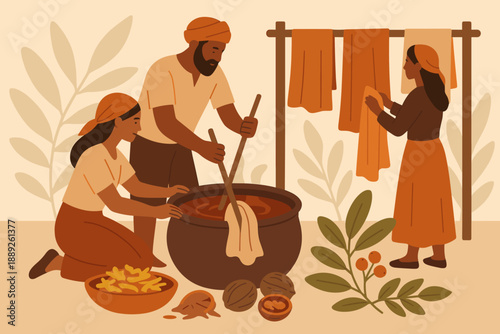 People work together to dye clothes using natural ingredients in a simple setting during daylight hours