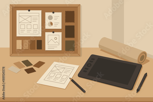 Workspace setup for design project with sketches, color samples, and digital tablet on wooden desk