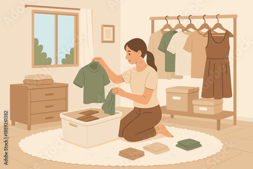 Sorting and organizing clothes in a room with a window and hanging garments