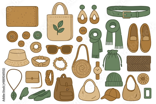 Fashion accessories and clothing items are displayed on a white background in a flat lay style