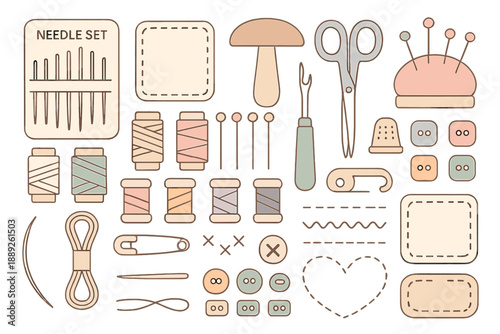 Craft supplies for sewing and stitching arranged on a flat surface with tools and materials included