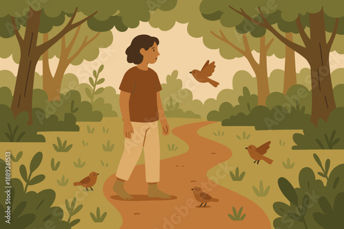 Child walks barefoot on pathway in forest surrounded by birds during daylight hours
