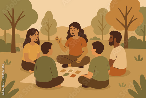 Group of friends sitting on grass in park and playing card game during sunny day