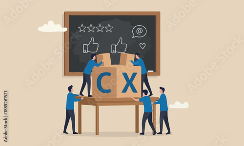 Customer Experience and service concept, miniature people workers with blue team uniform building cube wooden block with acronym CX on table with blackboard, user review or feedback