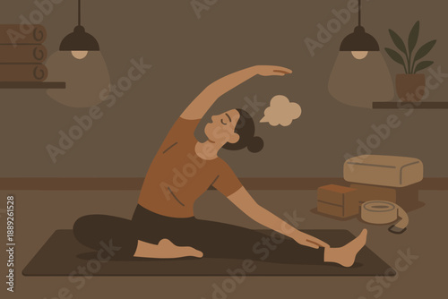 Yoga session in a dimly lit room with a woman stretching on a mat near plants and exercise equipment