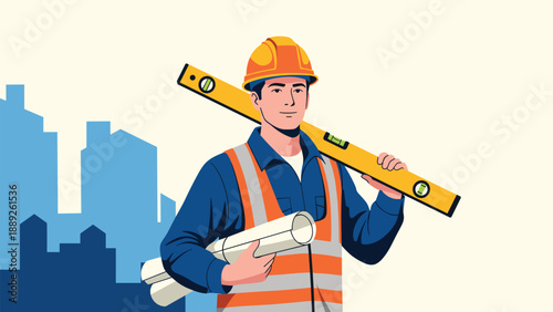 Confident male construction engineer wearing a hard hat and safety vest holds rolled blueprints and a yellow spirit level tool.