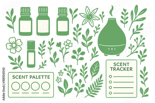 Various essential oil bottles and a diffuser are shown with flowers and leaves in a simple layout on a white background