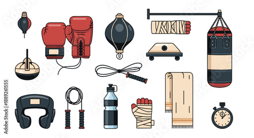 Assortment of boxing gear like gloves, punching bags, speed bags, hand wraps, jump rope, headgear, water bottle, towel, and stopwatch.