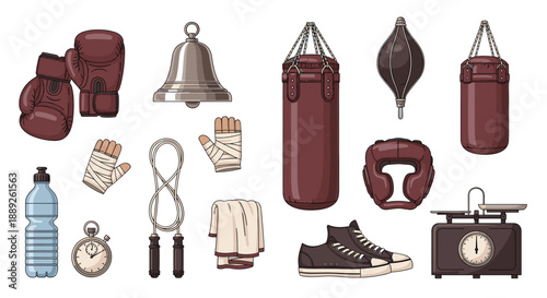 Collection of boxing equipment including gloves, punching bags, speed bag, headgear, jump rope, water bottle, stopwatch, towel, and scale.