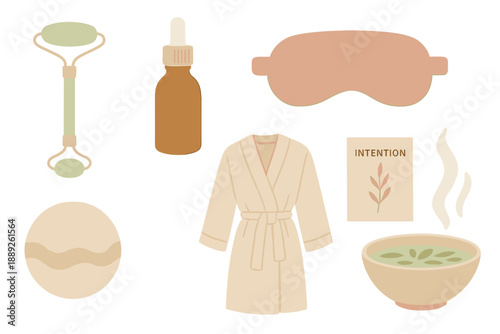 Spa items for relaxation and personal care on a clean background with simple design elements