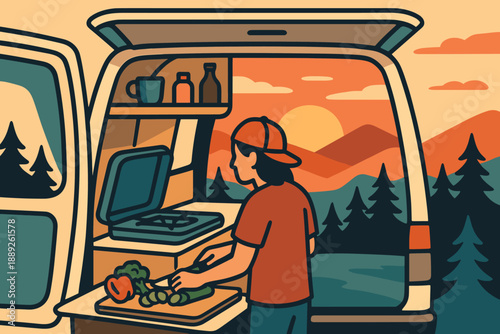 Cooking outdoors in a van during sunset in a natural setting with mountains and trees in the background