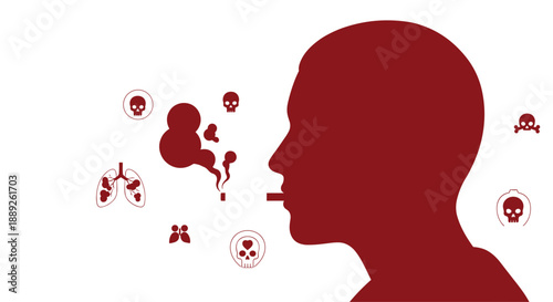 Silhouette of a person smoking, surrounded by symbols of danger and death like skulls and toxic warnings, emphasizing the lethal consequences of smoking.