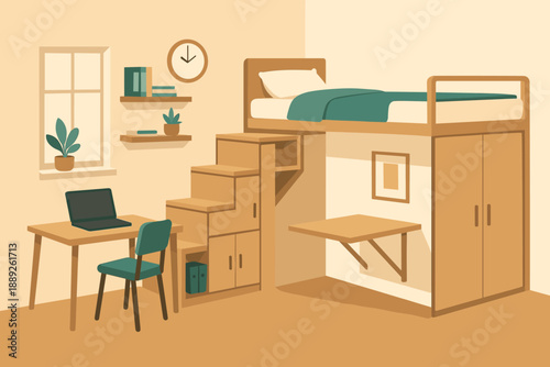 Modern small room design with a loft bed, workspace, and storage solutions for efficient living in a compact space