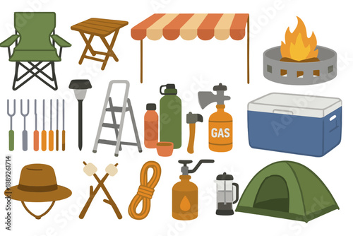 Camping gear and tools are laid out for an outdoor adventure at a campsite in the woods during summer