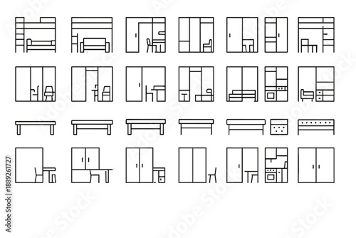 Collection of simple line drawings showing various furniture pieces and room layouts created in a minimal style for design concepts