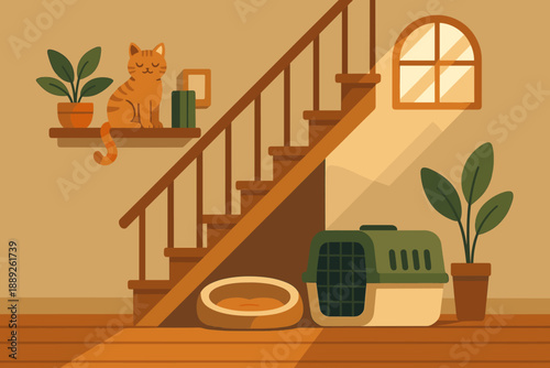 Cat resting on a shelf near stairs with a pet carrier and food bowl in a cozy home setting during daytime