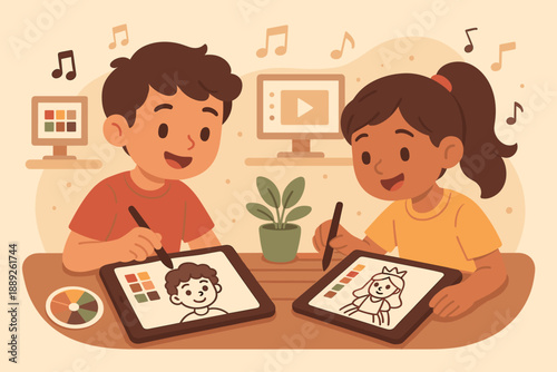Kids engage in digital drawing and art creation at home in front of computers with plants around