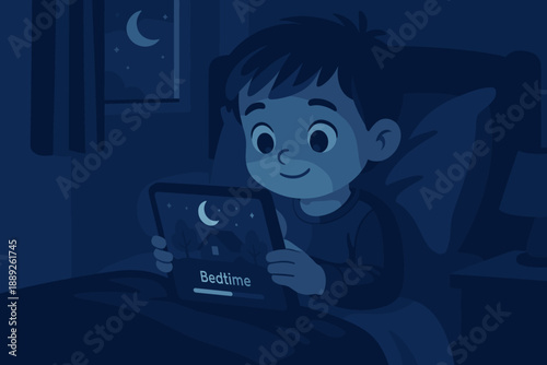 Child sitting in bed at night looking at tablet screen while preparing for bedtime routine