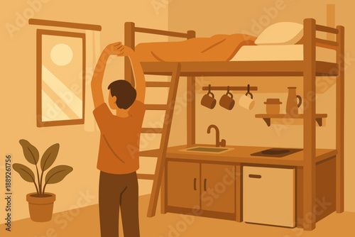 Person stretches in a small kitchen and bedroom area with a loft bed during morning light
