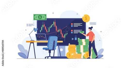 Young woman manages her financial investments at a modern desk surrounded by stacks of money and complex stock market charts.