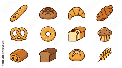 Vector Icon Set of Bakery Products and Fresh Bread, Featuring Baguette, Croissant, Pretzel, Bagel, Muffin, Sliced Loaf, and Wheat Stalk, Flat Cartoon Style Isolated on White Background for Food.