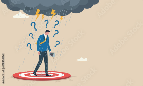 Having bad day, red big bullseye target work, discourage or depression, failure feeling bad or difficulty, having problem and trouble concept, depressed wet businessman walking in raining thunderstorm