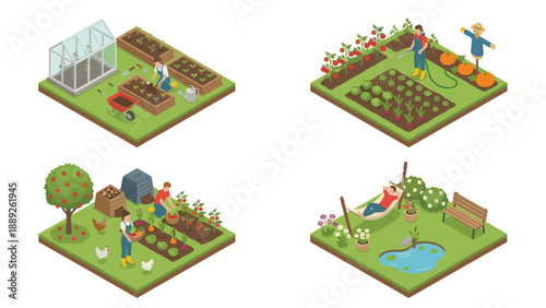 Isometric Vector Illustration Set of Gardening and Backyard Activities Featuring Greenhouse Planting, Watering Vegetables with Scarecrow, Harvesting Crops with Chickens, and Relaxing in a Hammock