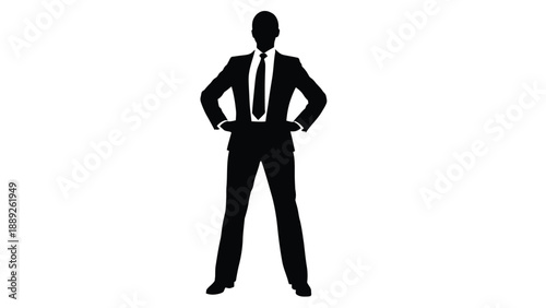 Black silhouette of a confident businessman standing with hands on hips against a white background