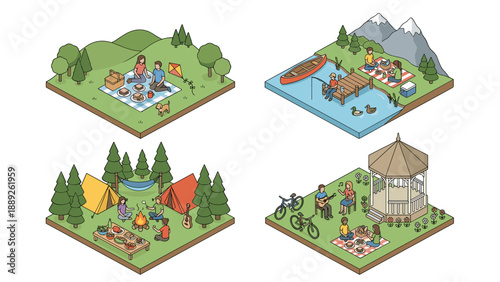 Isometric Vector Illustration Set of Outdoor Picnic and Camping Scenes featuring People Relaxing in Nature, Fishing by a Lake, Roasting Marshmallows by a Campfire, and Enjoying a Park Gazebo